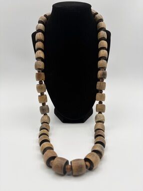 Artisan Wood Bead Necklace Tribal Boho Natural Statement Long Strand
